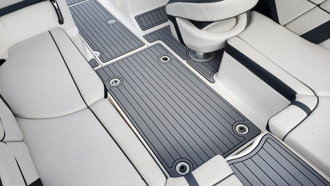 SeaDek Storm Gray over Black / 2 Inch Teak (Closest Marine Mat match is Slate Gray over Black)