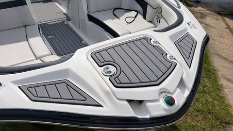 SeaDek Storm Gray over Black / 2 Inch Teak (Closest Marine Mat match is Slate Gray over Black)