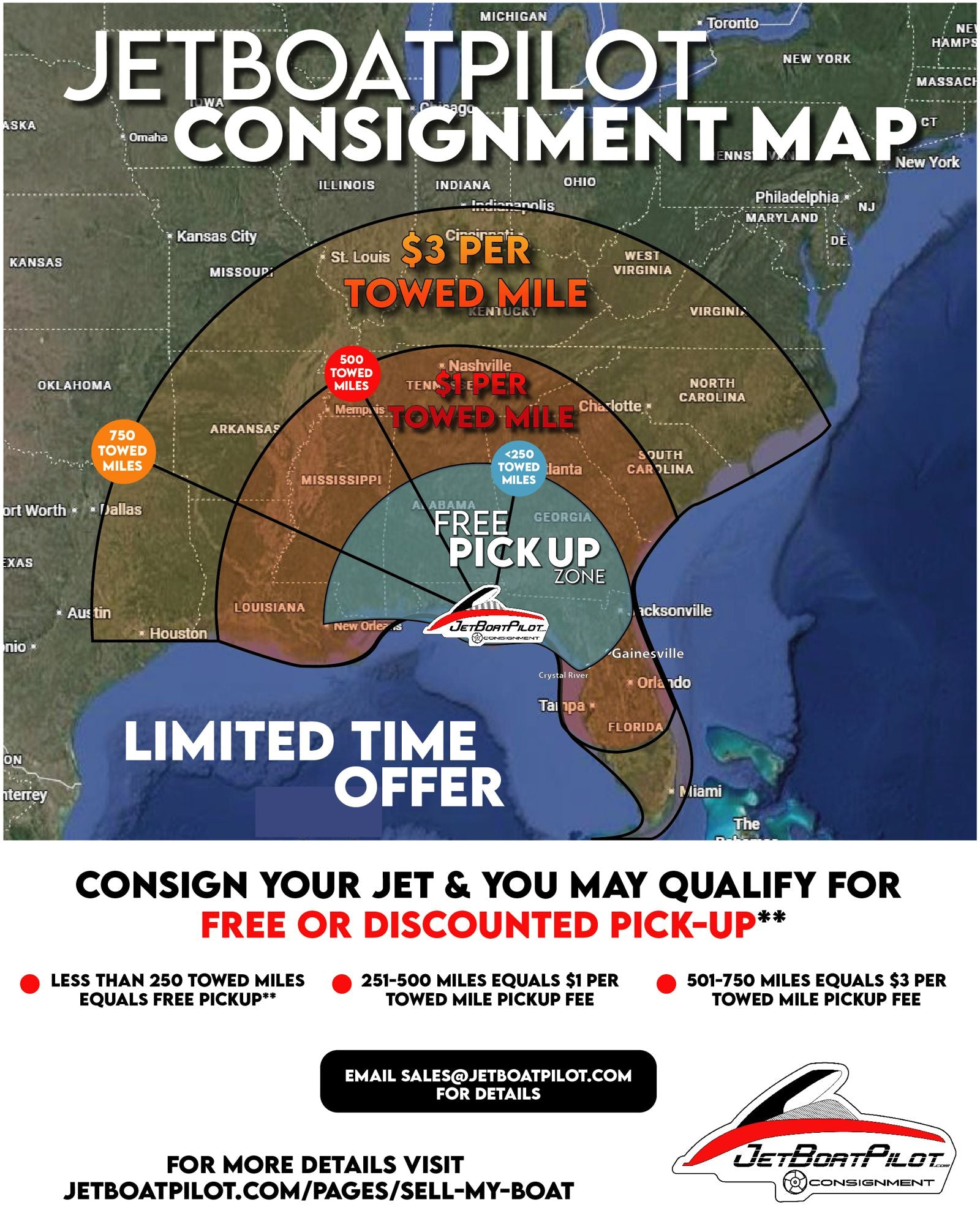 Map showing the JetBoatPilot consignment service area