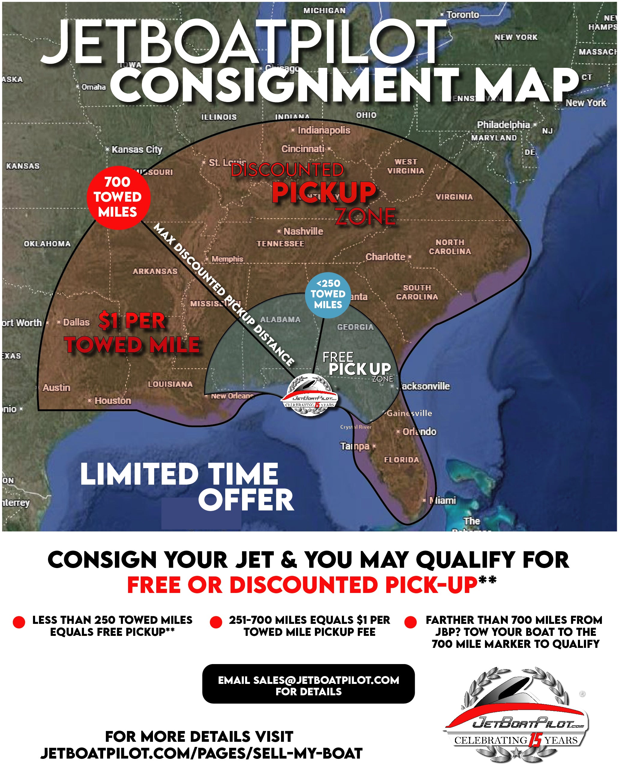 Map showing the JetBoatPilot consignment service area